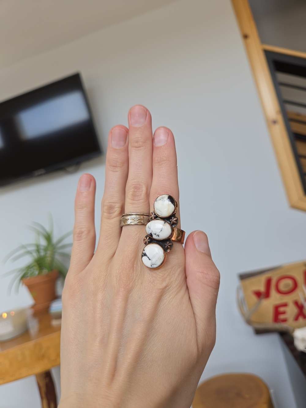 White Buffalo Turquoise Triple Copper Ring 56
